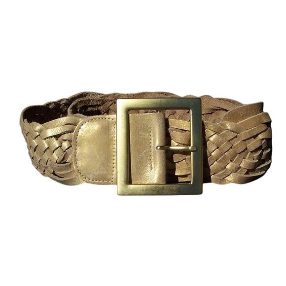 Cache Gold Metallic Woven Leather Belt Pant New Size S/M 2 1/4" Wide $128 NWT - Picture 1 of 6
